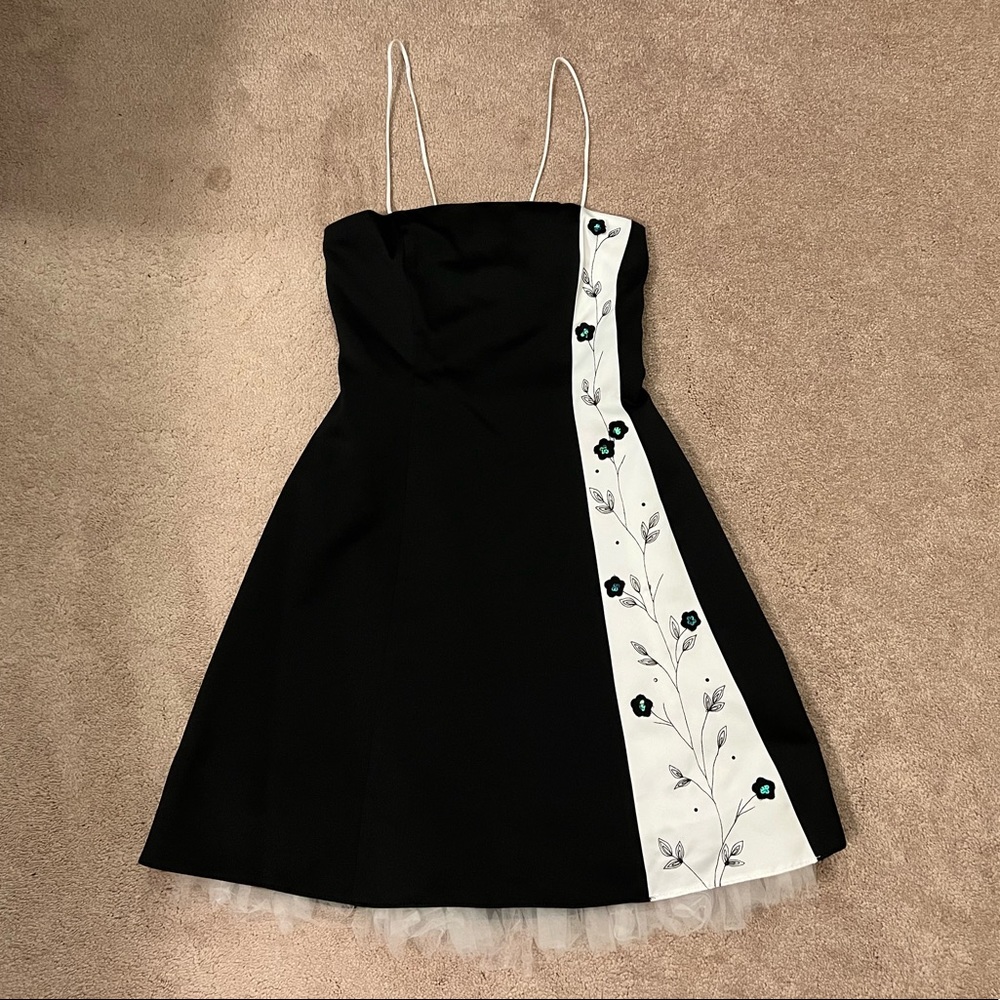 Vintage Black Spaghetti-Strap Dress with Floral Side Panel